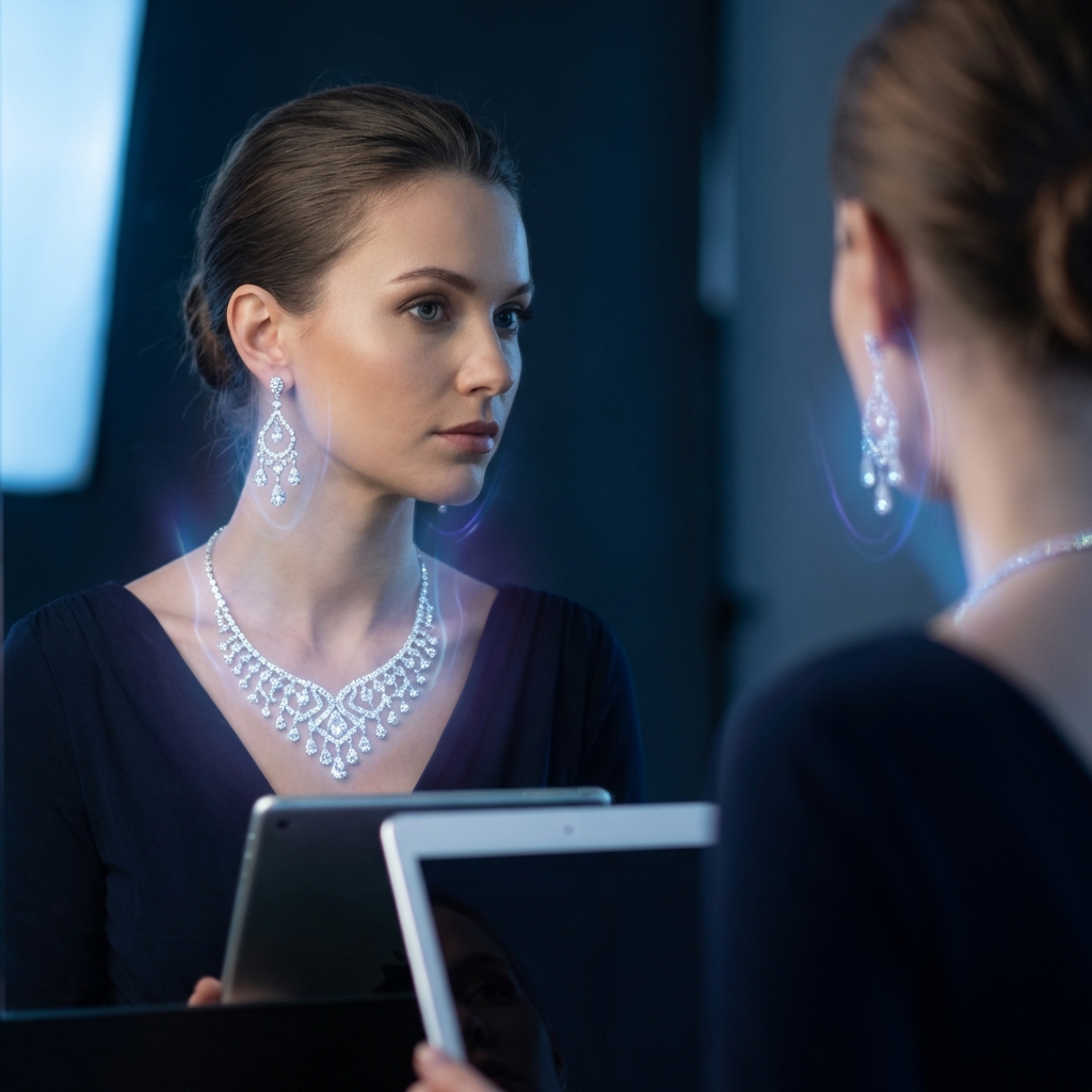 Woman trying on jewelry virtually with AR